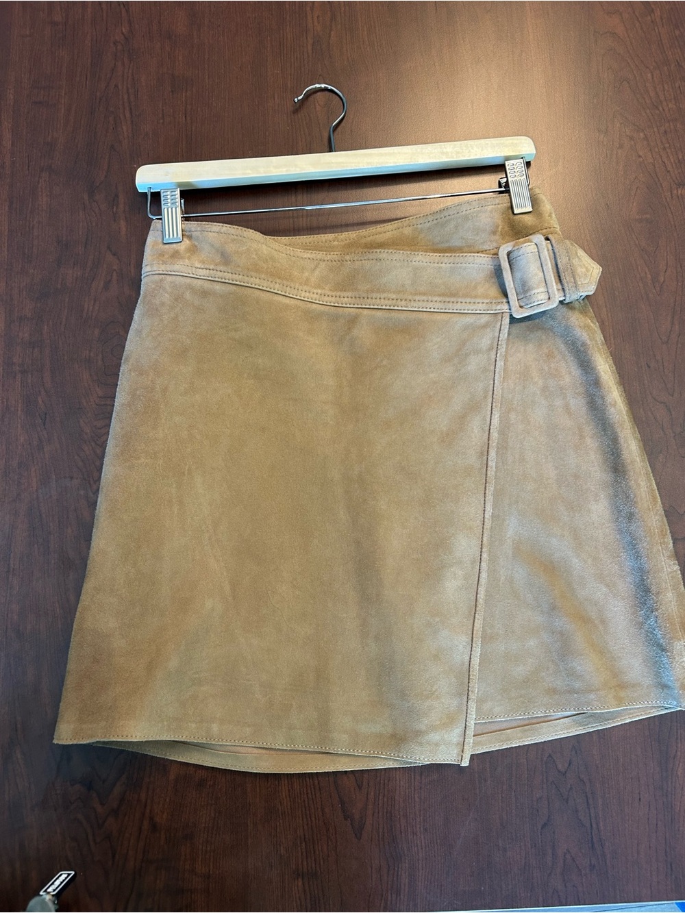 Vince Tan Suede Wrap A-Line Skirt with Buckle